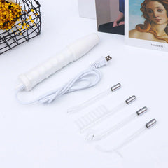 A white handheld facial device with a power cord and four interchangeable glass electrode wands.