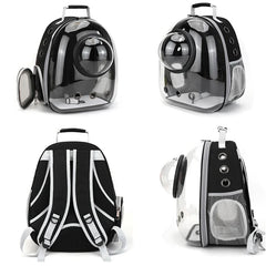 A black and transparent space capsule backpack for carrying small pets with breathable side vents.