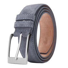 A grey suede leather belt for men and women featuring a classic silver pin buckle.