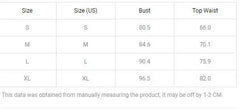 A size chart table for an elegant off-shoulder dress showing bust and waist measurements in cm.
