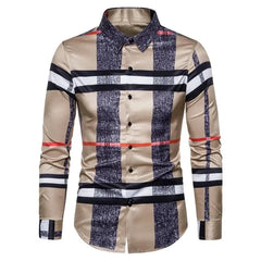 A long-sleeved button-down shirt featuring a tan base with dark textured vertical stripes and horizontal plaid accents.