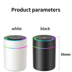 Two cylindrical aromatherapy diffusers in white and black, each 95mm tall with colorful light rings.