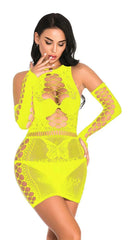 A neon yellow fishnet mini dress with long sleeves and a cutout floral pattern.