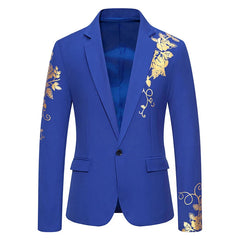 A royal blue slim-fit men's blazer featuring gold floral hot stamping on the shoulder and cuff.
