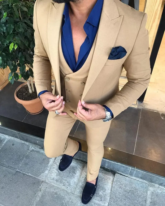 Slim Fit Formal Men Suits 3 Pcs Groom Tuxedos Notch Lapel Olive Green Groom Tuxedo for Wedding Best Man (Jacket + Vest + Pants)
