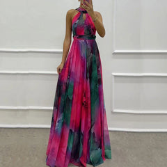 Vintage Pattern Printed Sleeveless Party Dress Casual High Waist Bohemian Dresses New Sexy Halter Hollow Out Women's Long Dress