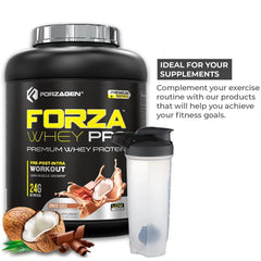 A large tub of Forza whey protein powder next to an empty plastic shaker bottle.