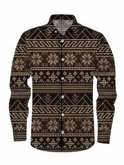 A men's long-sleeved button-up shirt featuring a dark brown and beige geometric fair isle pattern.