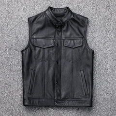 A black faux leather motorcycle vest for men featuring a stand collar and button-down front.