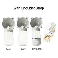 Three portable pet water bottles in different sizes with a matching shoulder strap.