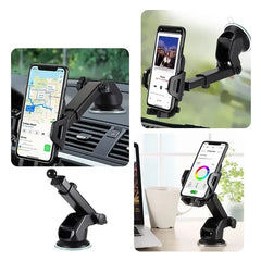 A black universal car phone holder with an adjustable arm and suction cup base.