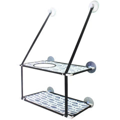 A double-decker cat hammock with a fish pattern, designed to mount to a window with suction cups.