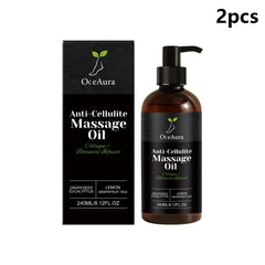 Two bottles of OceAura anti-cellulite massage oil with a box and pump dispenser.
