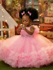 Lovely Pink Customized Flower Girl Dress For Wedding Sleeveless With Bow Beading Puffy Kids Birthday Party First Communion Gown