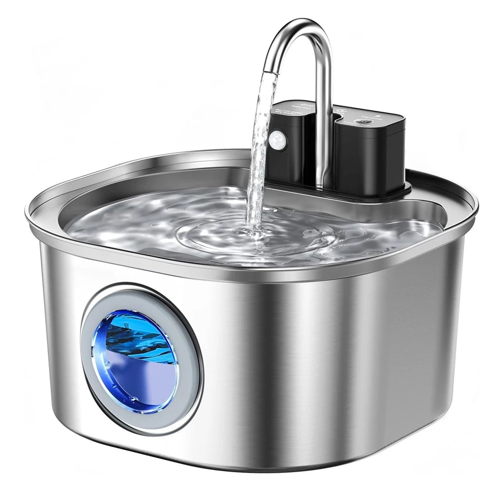 A stainless steel pet water fountain with a wireless sensor and a blue-lit water level window.