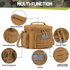 A tan tactical lunch bag with a reinforced handle, MOLLE webbing, and a US flag patch.