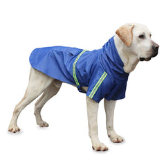 A light-colored dog wears a blue, hooded, waterproof raincoat with reflective trim.