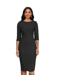 A woman wears a black knee-length bodycon dress with a round neck, three-quarter sleeves, and a belt.