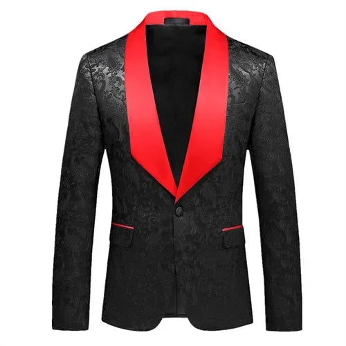 A black patterned men's suit jacket featuring a contrasting red shawl lapel and pocket trim.
