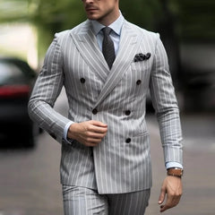 Elegant Stripe Men Suit Business Prom Male Tuxedos Groom Groomsman Wedding Party Formal 2 Piece Set (Blazer+Pants)