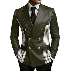 Men’s Brown Leather Blazer With Houndstooth Sides Vintage Two-Tone Double Breasted Slim Fit Gold Buttons Leather Tuxedo Jacket