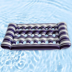 An inflatable pool lounger with a blue and white striped pattern and a mesh-style center.
