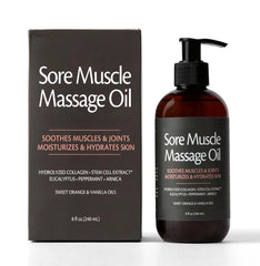 A bottle and box of Sore Muscle Massage Oil, 240ml, featuring eucalyptus, peppermint, and arnica.