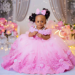 Pink Flower Girl Dresses Luxury Big Pearls Lace Ball Gown First Communion Dress Birthday Photos Shoot Gowns for Party