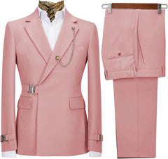 Men's slim fit suit with metal clasp, stylish business casual tuxedo, shown in a professional presentation image.