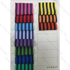 A fabric swatch card displaying various vertical striped patterns in multiple color combinations.