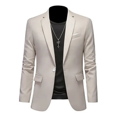 A beige single-breasted blazer for men featuring a notched lapel and a single button closure.