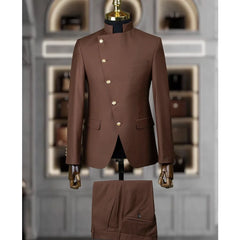 A brown two-piece men's suit featuring a stand collar jacket with an asymmetrical button closure.