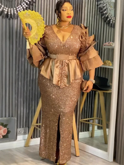 Plus Size African Party Dresses for Women Dashiki Sequin Sexy Bodycon Slit Long Dress Elegant Turkey Muslim Wedding Evening Gown