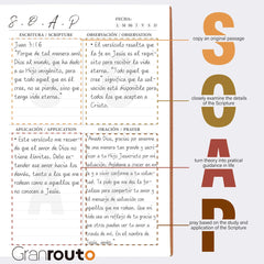 A Spanish S.O.A.P. method Bible study journal page with sections for scripture, observation, and prayer.