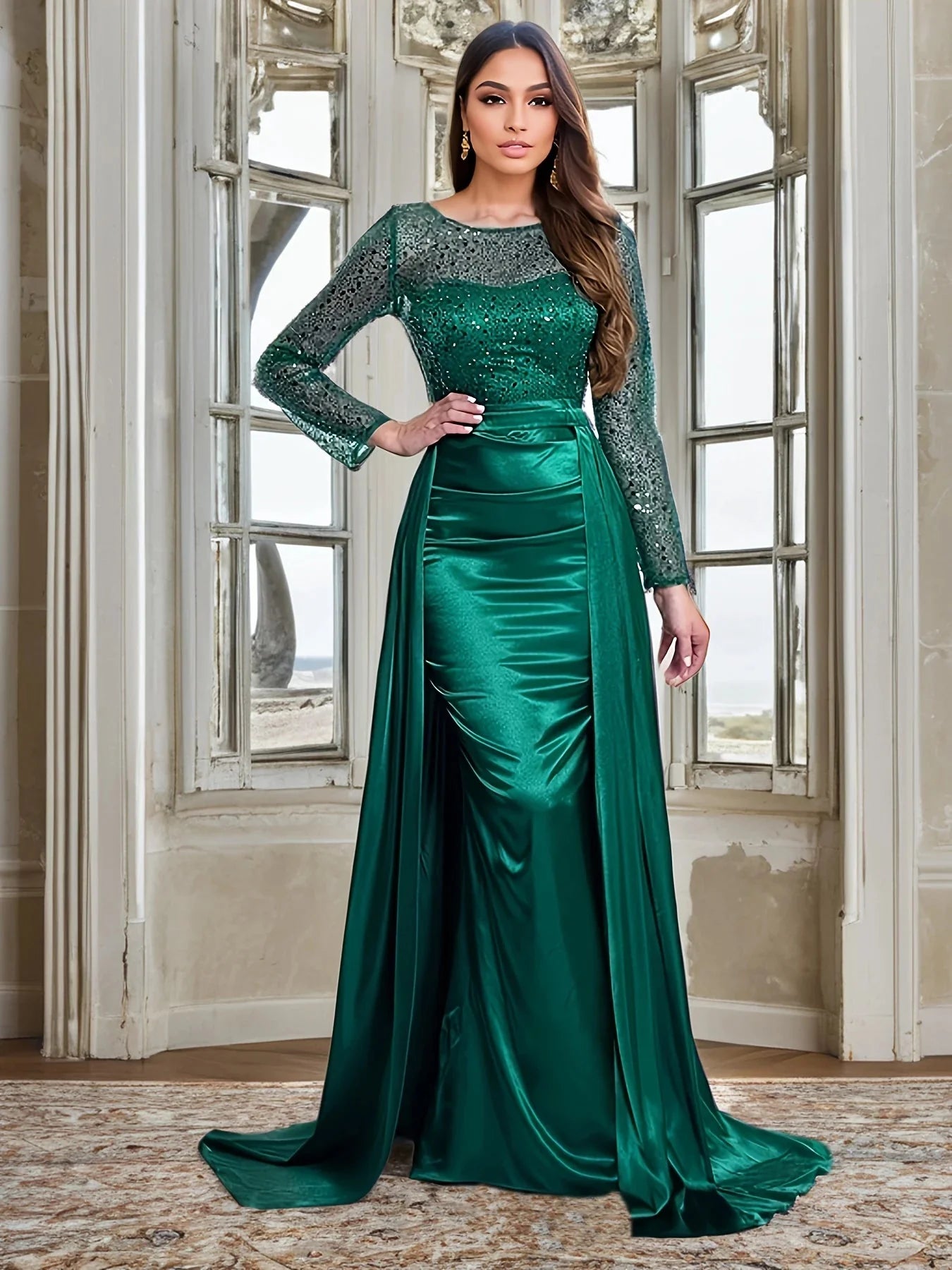 Modest O Neck Sheer Long Sleeves Evening Formal Dress Sequined Elegant Detachable Train Mermaid Women Wedding Party Dresses SHOWLU FASHION STORE