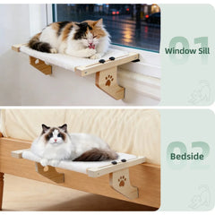 A wooden cat hammock with a paw print design, shown mounted on a window sill and a bedside.