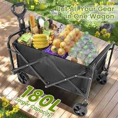 A black foldable beach cart filled with groceries sits on a wooden deck.