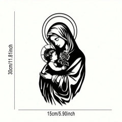 A black metal wall art piece depicting the Virgin Mary holding the infant Jesus and a rose.