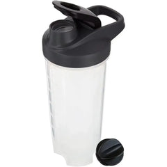 A clear plastic protein shaker bottle with a black lid and a separate black mixing ball.