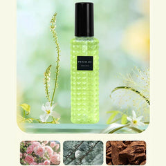 A bottle of light green perfume with a textured glass surface stands against a floral background.