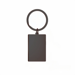 A rectangular dark metal keychain with a circular ring attached to the top.