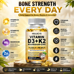 Vitamin D3 K2 Capsule, with Coconut Oil, Promotes Strong Bones, for Teeth,Heart Cardiovascular Health, Magnesium+Zinc Supplement