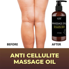A bottle of GZE massage oil shown next to a comparison of skin before and after treatment.