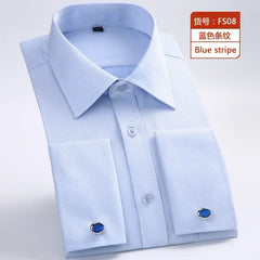 Quality & Gentle Formal Mens French Cuff Dress Shirt Men Long Sleeve Solid Striped Style Men's Shirts Cufflink Include Plus Size