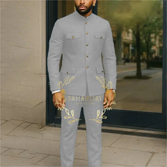 Affrica Style White Stand Collar Single Breasted Jacket Pants Business Men Suit Tuxedos Groom Wedding Suits Male Blazer Sets