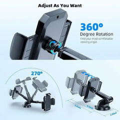 A universal car phone holder with an adjustable arm and suction cup base for dashboard mounting.