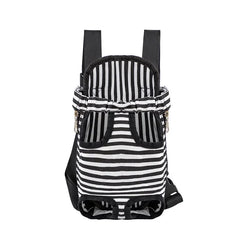 A black and white striped pet carrier backpack with adjustable straps and leg openings.