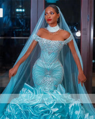 2024 Luxury Blue Mermaid Evening Dress With Veil Rhinestones Beading Crystals Tiered Ruffle Wedding Party Prom Gown Robe