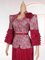 A two-piece set featuring a burgundy lace zip-up top with ruffled sleeves and a pleated skirt.