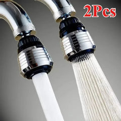 Two chrome faucet aerator attachments showing both stream and spray water settings.